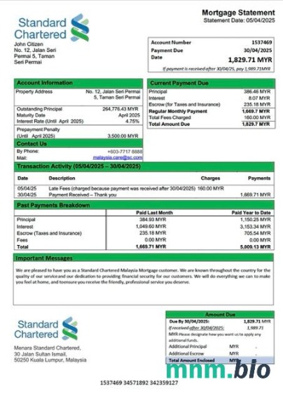 Malezja Standard Chartered Malaysia wyciąg z kredytu hipotecznego szablon Word i PDF